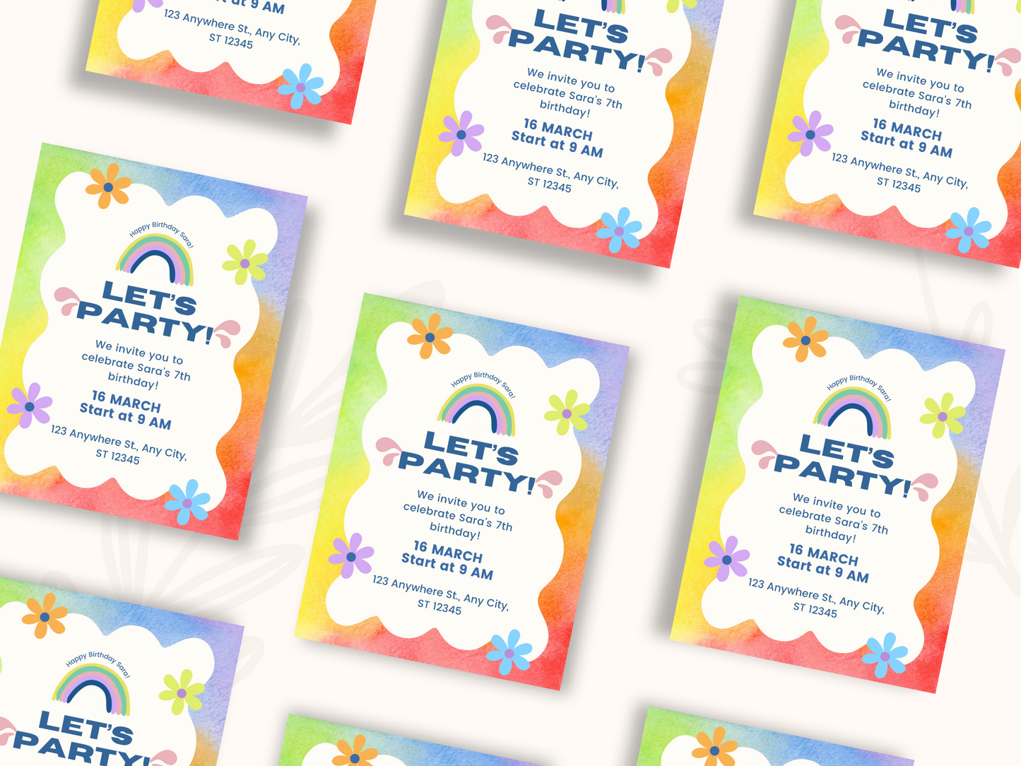 Canva invite Template | Kid's birthday party invitation | Rainbow Colorful party