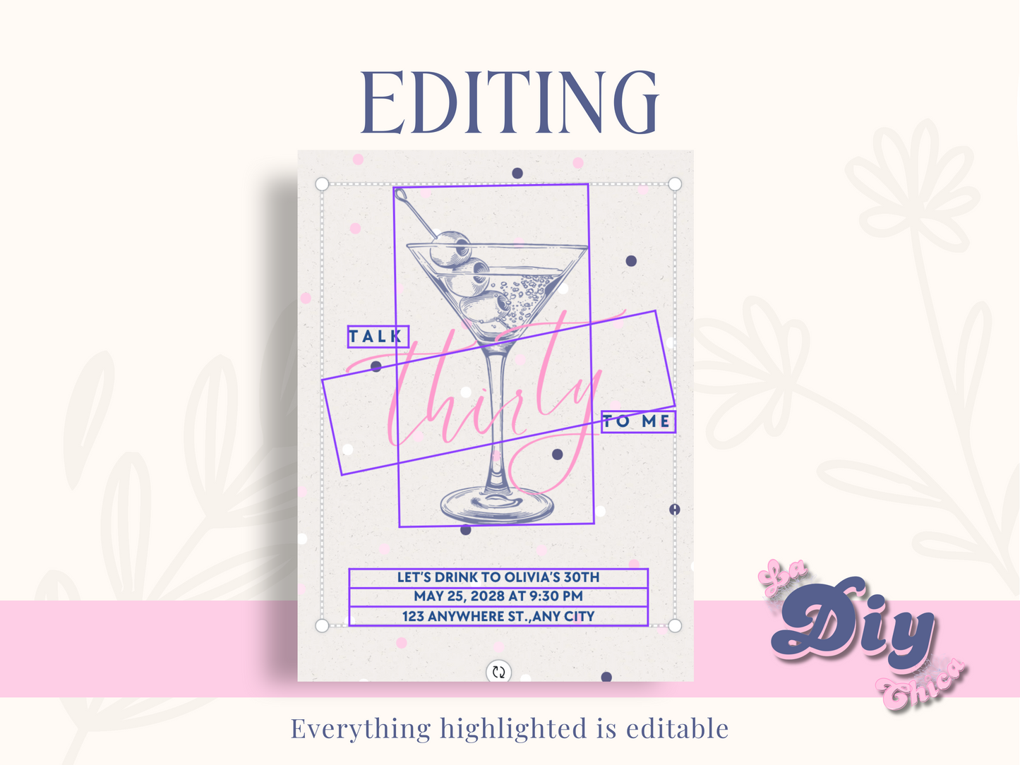 Canva invite Template | 30th Birthday | Tini bit older | Martini theme party | PNG PDF Printable | Canva| Instant Download