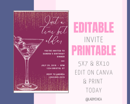 Canva invite Template | Tini bit older  | Martini theme party | PNG PDF Printable | Canva| Instant Download