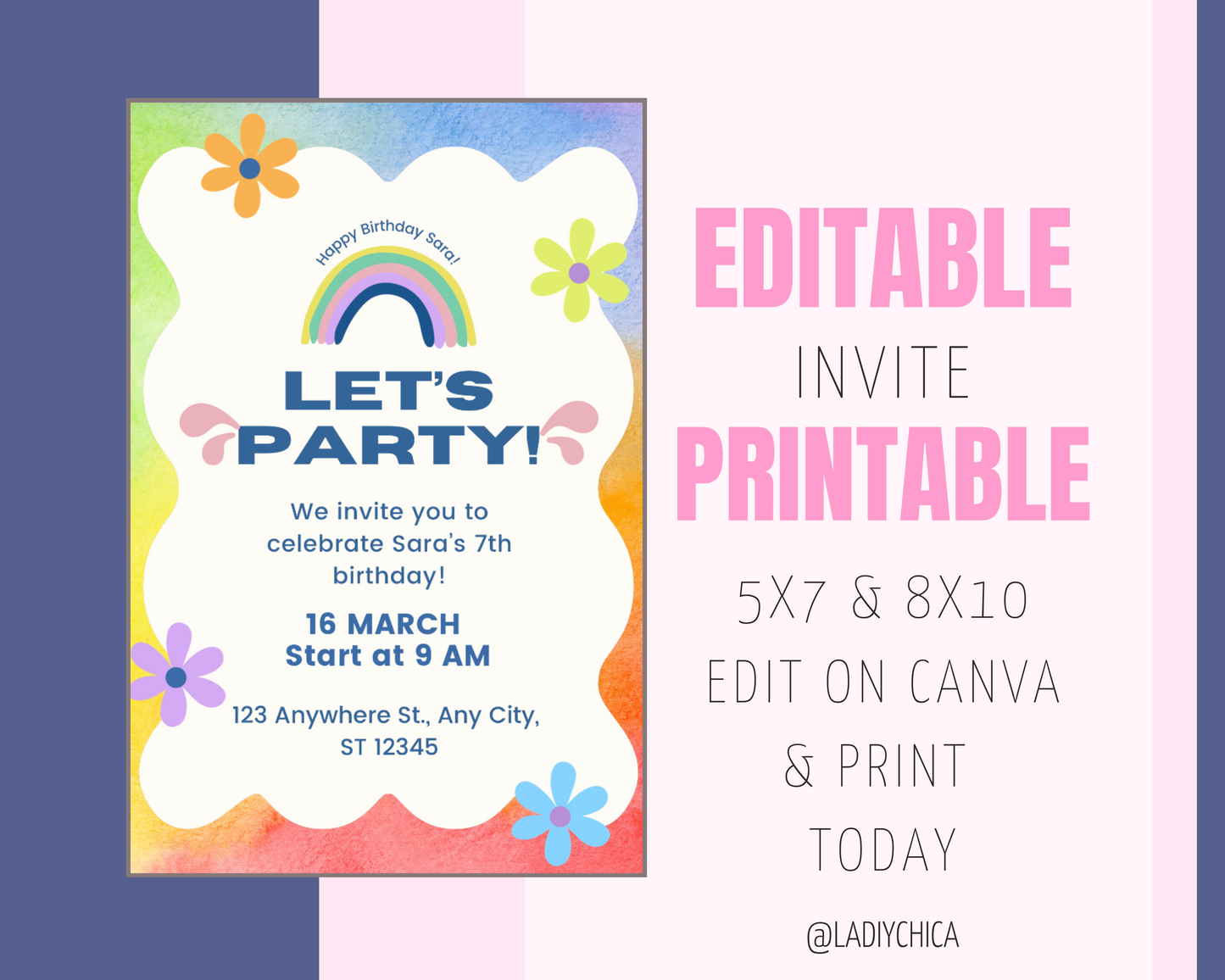 Canva invite Template | Kid's birthday party invitation | Rainbow Colorful party