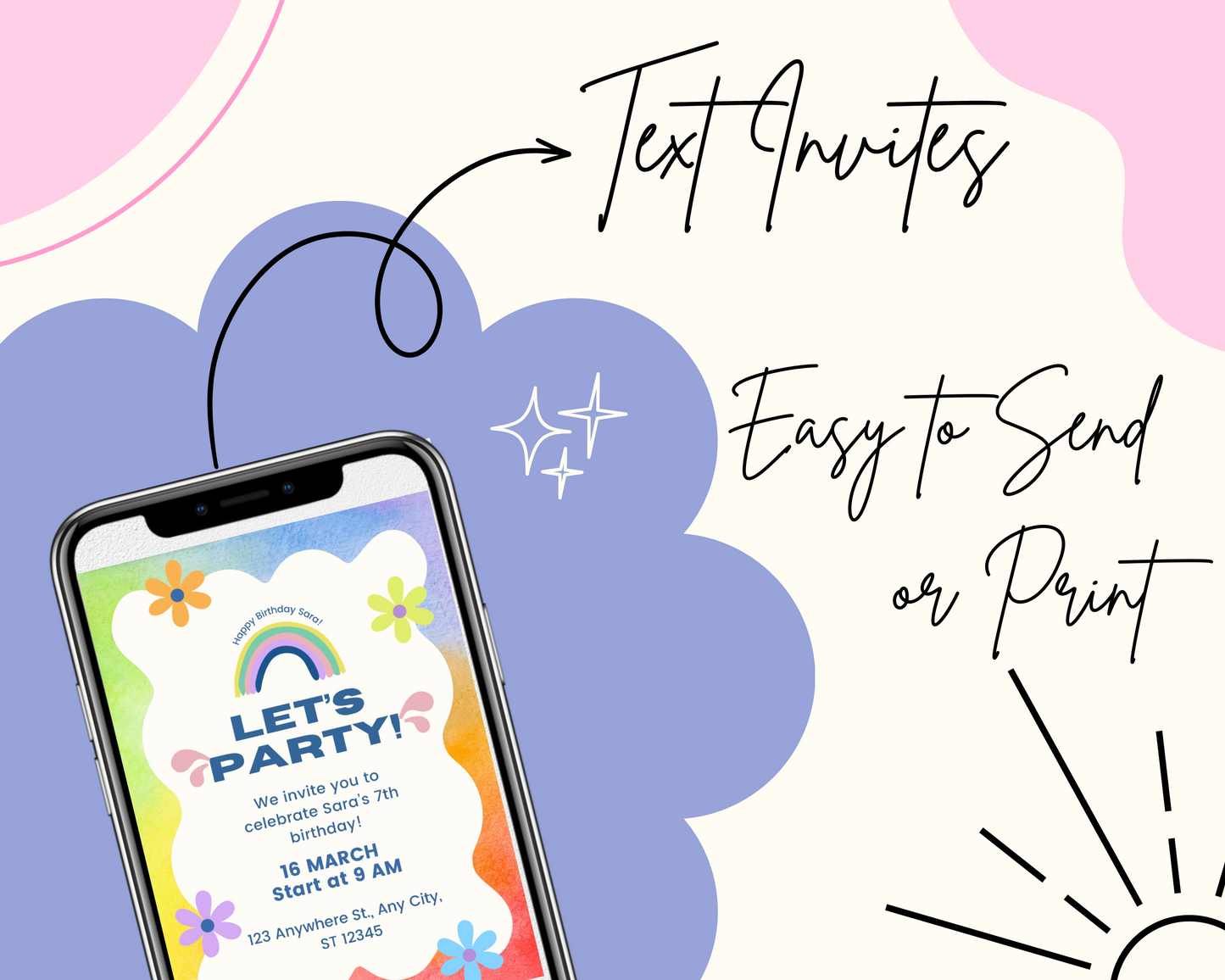 Canva invite Template | Kid's birthday party invitation | Rainbow Colorful party