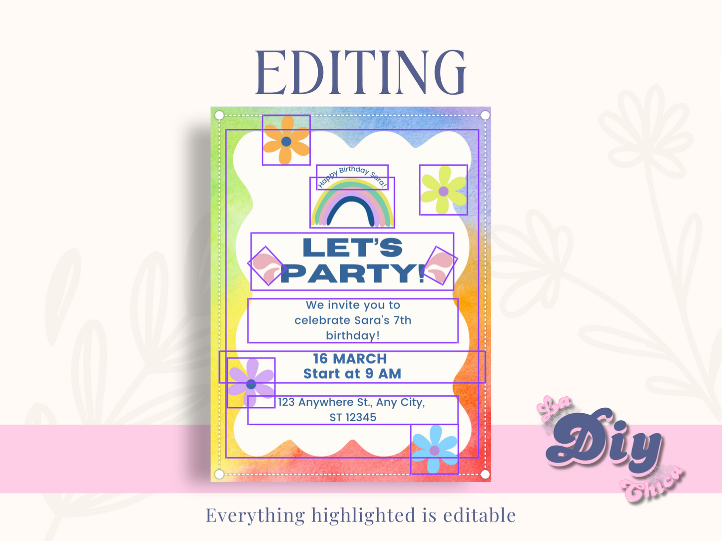 Canva invite Template | Kid's birthday party invitation | Rainbow Colorful party