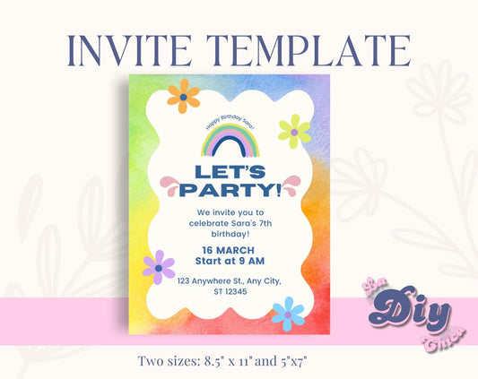 Canva invite Template | Kid's birthday party invitation | Rainbow Colorful party