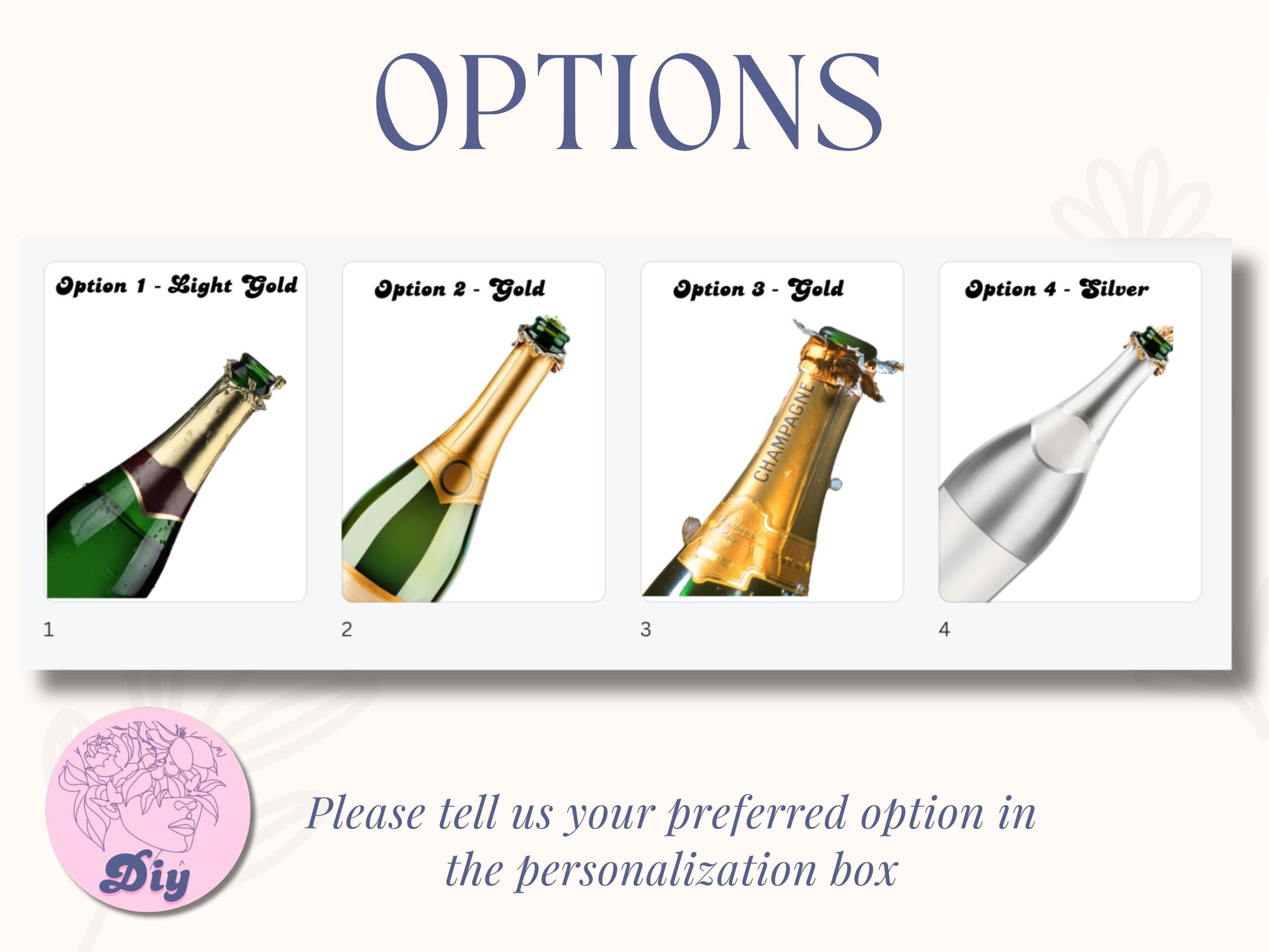 4 different champagne bottles to choose from, gold foil, shiny, silver, green champagne bubbly bottle these will be printed onto edible frosting paper, custom frosting sheet for bakery orders