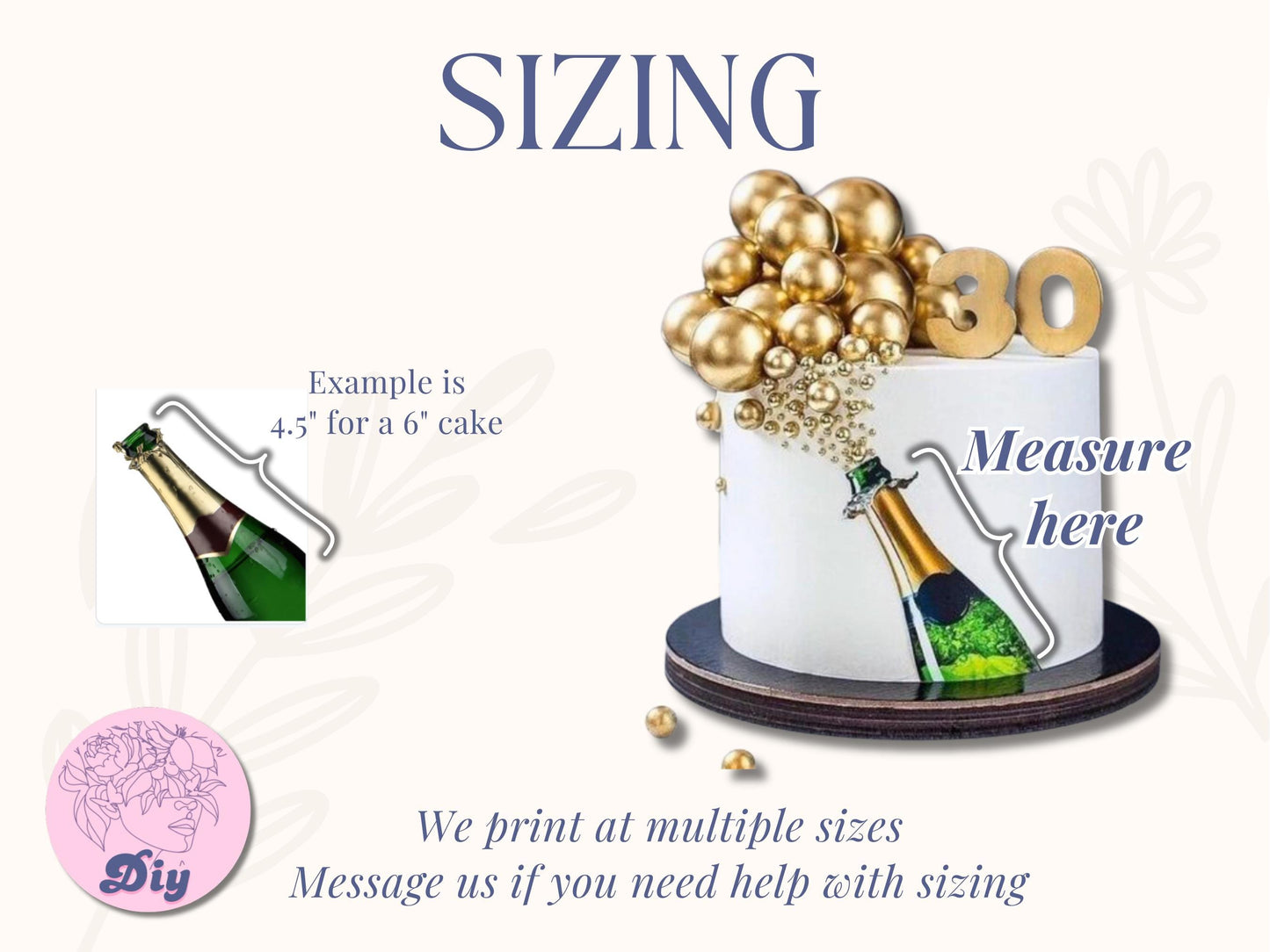 4 different champagne bottles to choose from, gold foil, shiny, silver, green champagne bubbly bottle these will be printed onto edible frosting paper. The sizing is based on the height of the cake leave enough space to put gold sprinkles bubbles
