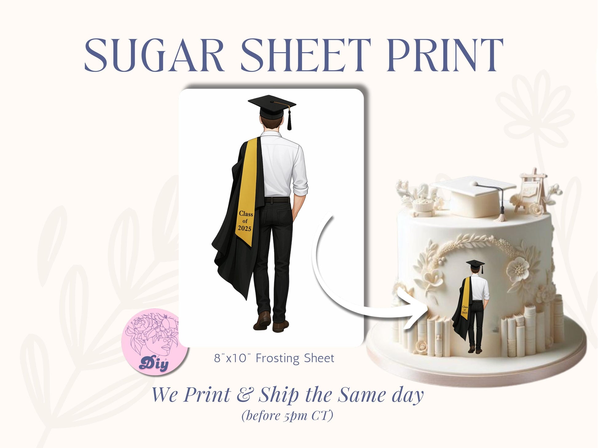 Sugar Sheet Print Graduation 2025 Cake Topper, Personalized Grad Decor,Boys Class Of 2025 Cake Topper, Congrats Graduation Party for him