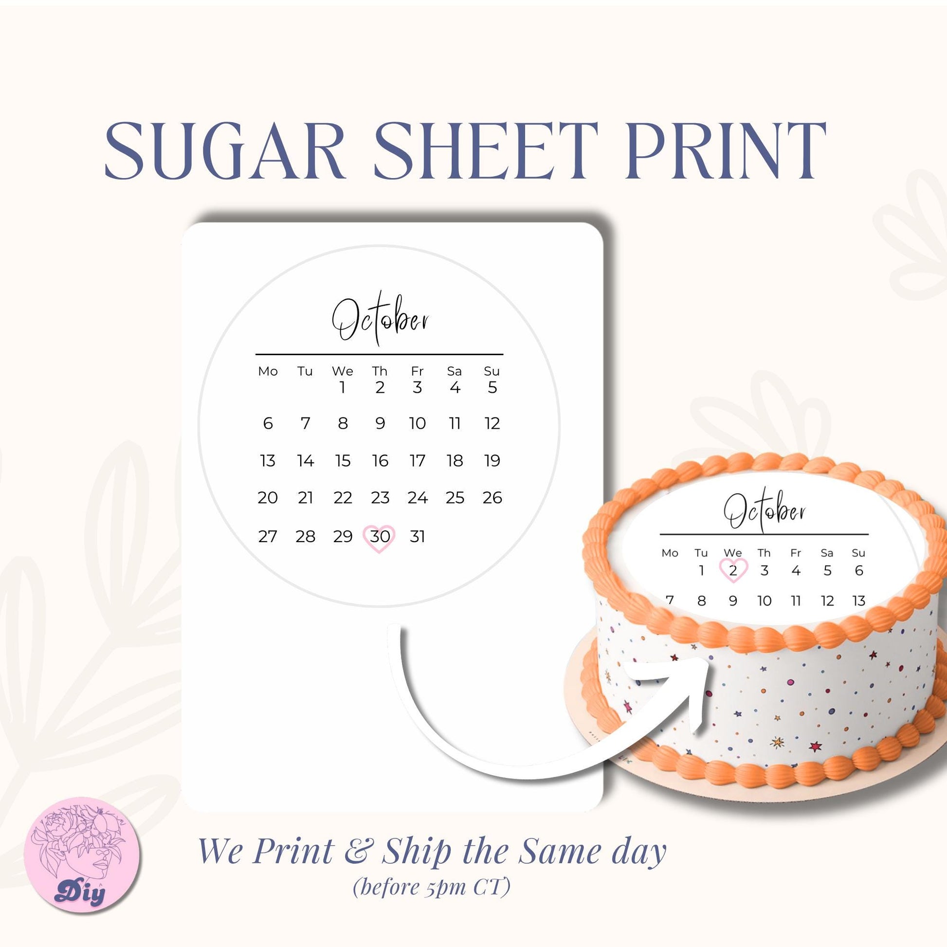 2026 Custom Calendar Sugar Sheet Print - Edible Cake Topper, Personalized Date