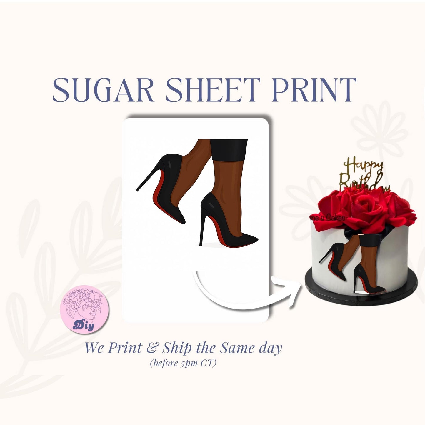 Sugar Sheet High heels Print - Brown skin - Classy elegant shoes cake edible sheet for cake for her