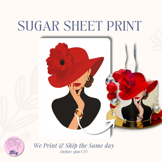 Lady in Red Hat Sugar Sheet Print | Edible Cake Topper Image | Elegant Fashion Woman Design | Round Frosting Icing Sheet for Birthday Cakes
