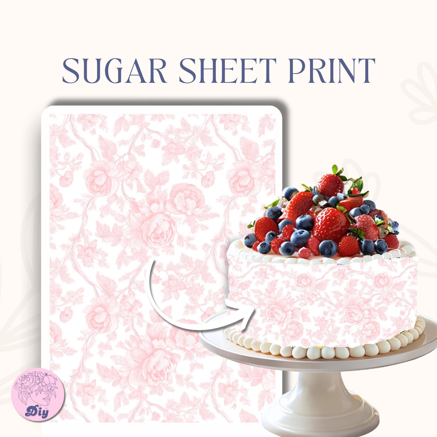 Pink Floral Print Sugar Sheet – Pink Toile Fabric Theme Edible Image for Cakes & Cookies | Print Frosting Sheet for elegant cake Birthday