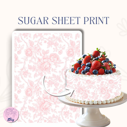 Pink Floral Print Sugar Sheet – Pink Toile Fabric Theme Edible Image for Cakes & Cookies | Print Frosting Sheet for elegant cake Birthday
