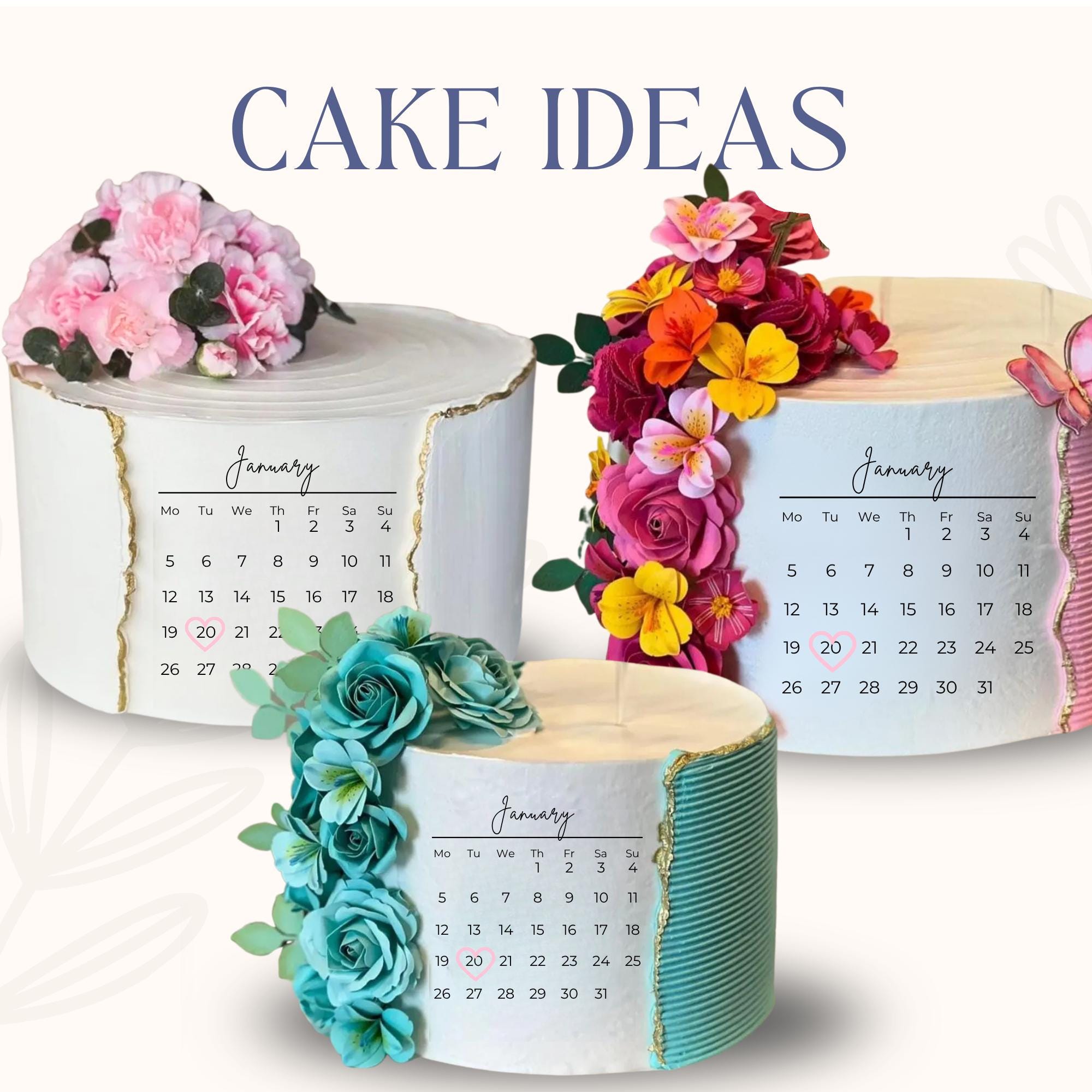 Minimalist Square 2026 Calendar Cake Topper – Custom Date Editable Sugar Sheet A3 A4