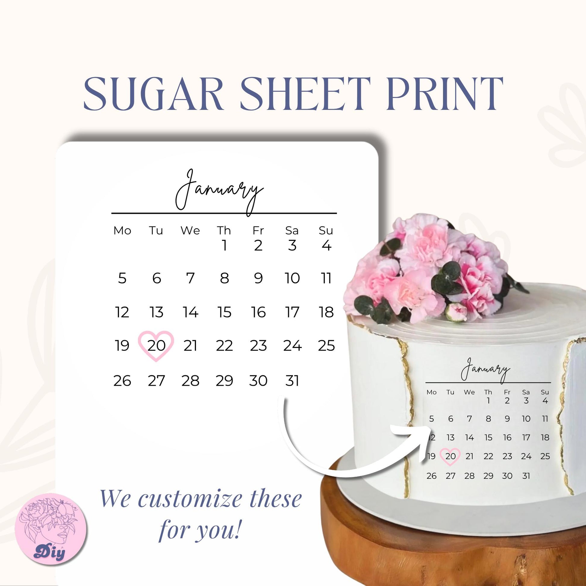 Minimalist Square 2026 Calendar Cake Topper – Custom Date Editable Sugar Sheet A3 A4