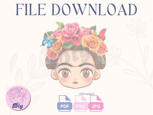 Frida cartoon PNG | floral Frida print File| Birthday cake, Frida Kahlo, cartoon style, JPEG pdf | Instant Digital DOWNLOAD